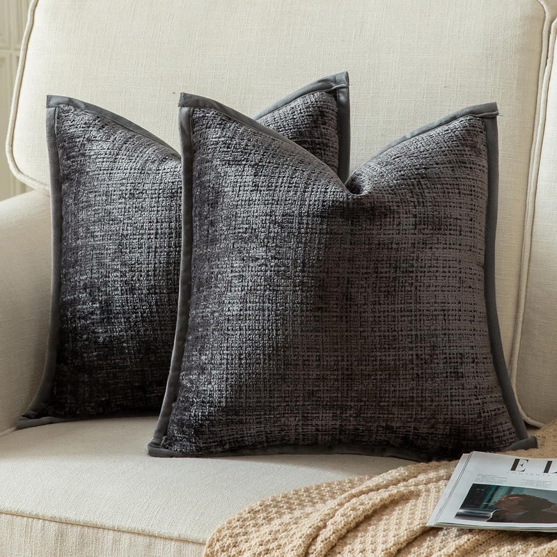 Yaertun Pack of 2 Chenille Textured Decorative Throw Pillow Covers Accent Solid Cushion Cover Soft Cozy Pillow Case with Velvet Back for Couch Sofa Bed Living Room 20x20 Inch Dark Grey - Image 1