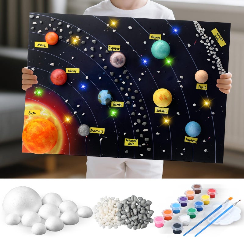 Innconee 20 Solar System Model Project Kit with 10 Foam Ball LED Lights 12 Pigment 2 Brushes Solar System Background DIY Outer Space Planet Foam for Kid School Science Projects Arts Crafts(Rectangle) - Image 1