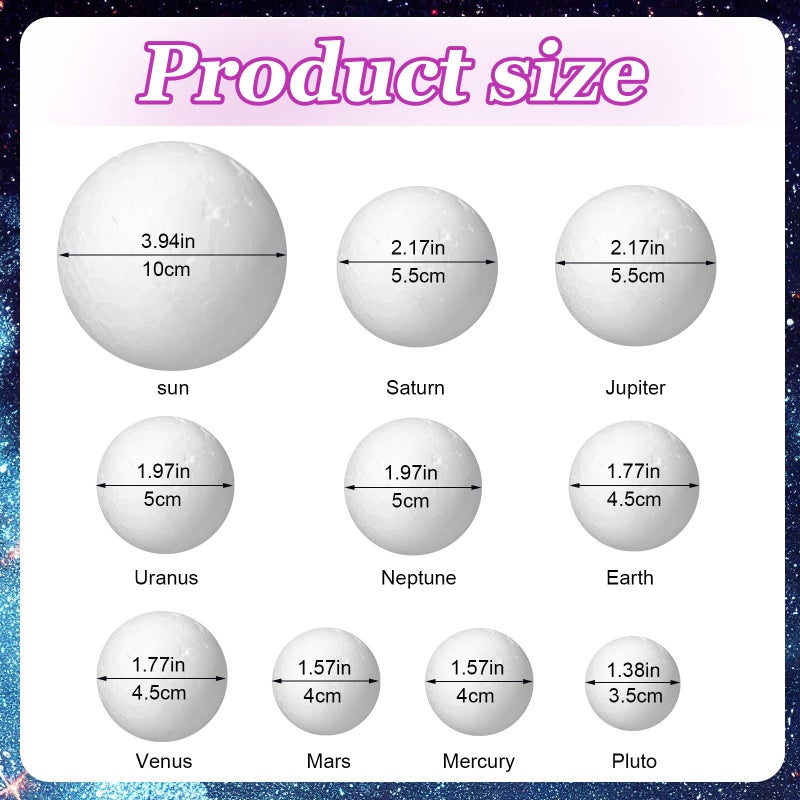 Innconee 20 Solar System Model Project Kit with 10 Foam Ball LED Lights 12 Pigment 2 Brushes Solar System Background DIY Outer Space Planet Foam for Kid School Science Projects Arts Crafts(Rectangle) - Image 3
