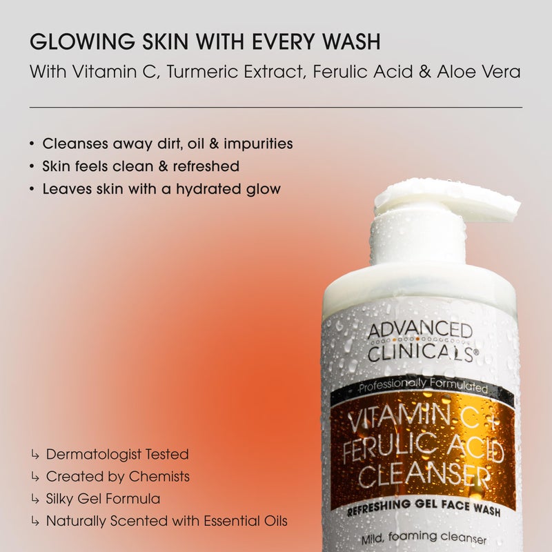 Advanced Clinicals Gentle Vitamin C Face Wash For Women & Men | Citrus Scented Gel Facial Cleanser Soap | Aloe Vera + Ferulic Acid Hydrating Foaming Wash For Cleansing Dirt & Oil, 11.75 Fl Oz, 2PC - Image 2