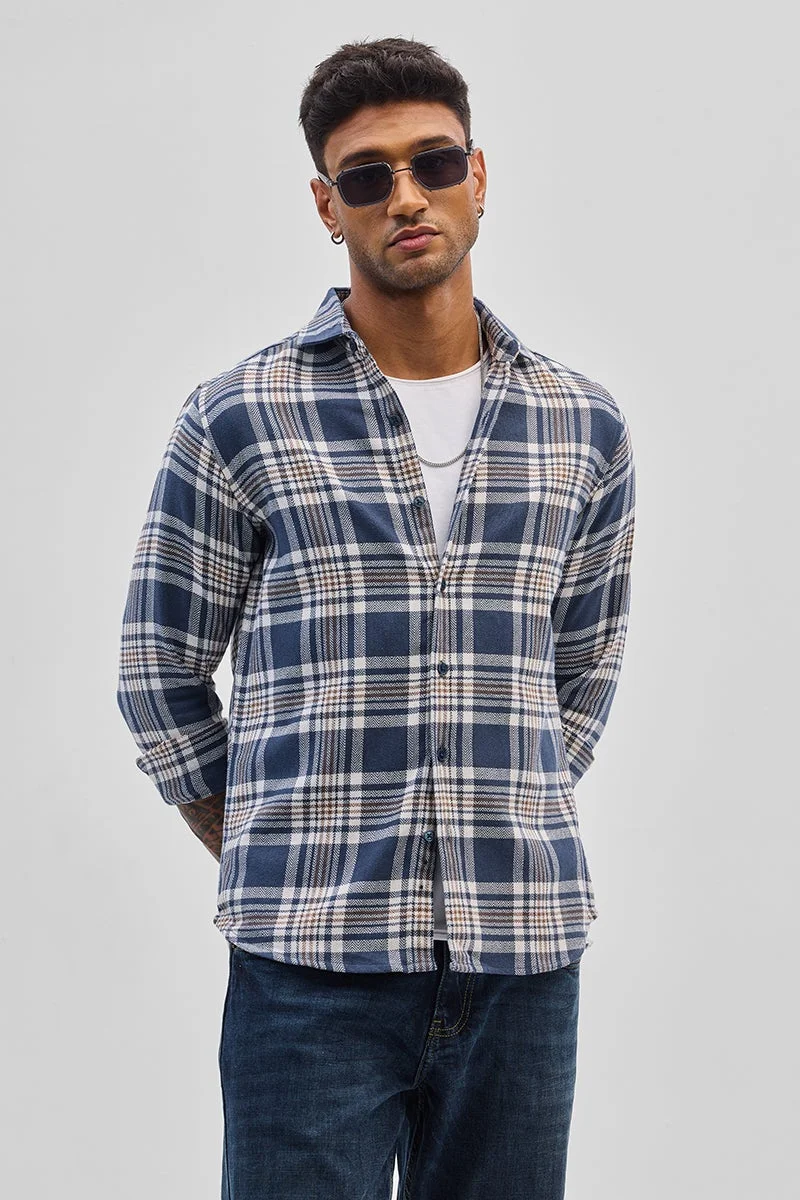 سنيتش Dark Blue Checkered Long Sleeve Slim Fit Shirt