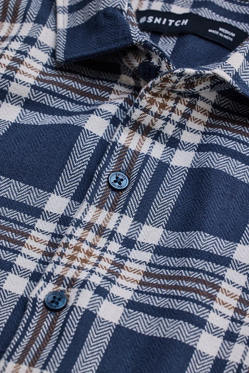 سنيتش Dark Blue Checkered Long Sleeve Slim Fit Shirt