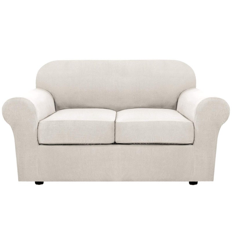 HVERSAILTEX 3 Piece Stretch Sofa Covers for 2 Cushion Loveseat Couch Covers for Living Room Sofa Slipcovers Base Cover Plus 2 Seat Cushion Covers Thicker Jacquard FabricMedium Sofa Ivory