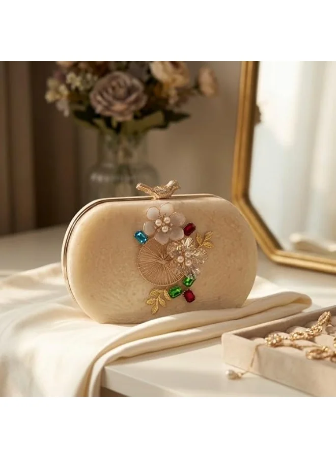 Mobcos Women's Premium Acrylic Evening Clutch Bag | Luxury Resin Box Purse with Crystal Floral Embellishment, Detachable Chain Strap | Elegant Wedding, Party, Cocktail, Bridal & Formal Handbag | White
