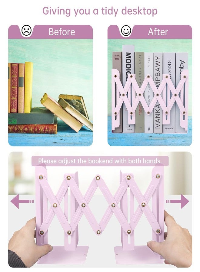 Honagu Adjustable Bookends, Metal Book Ends for Shelves Heavy Book, Desk Magazine File Organizer for Home, Office, Books, Papers, Extends up to 19 inches (Macaron Pink) - Image 2
