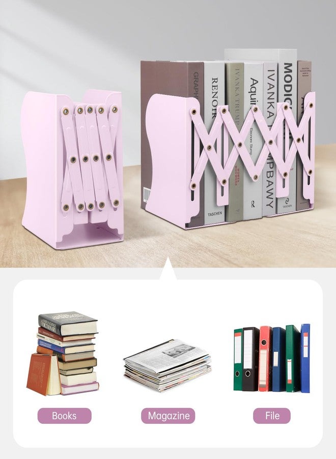 Honagu Adjustable Bookends, Metal Book Ends for Shelves Heavy Book, Desk Magazine File Organizer for Home, Office, Books, Papers, Extends up to 19 inches (Macaron Pink) - Image 5