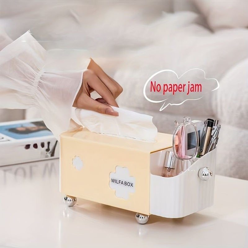 صندوق مناديل كريمي أصفر ثنائي الوظيفة مع أقسام تخزين بتصميم نوابض - Image 3