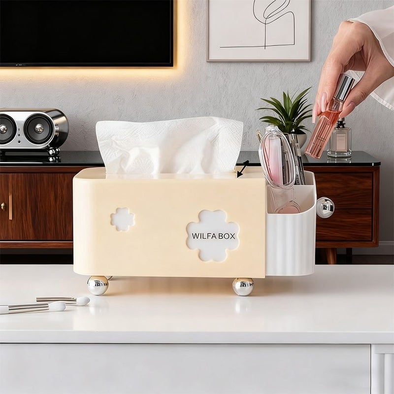 صندوق مناديل كريمي أصفر ثنائي الوظيفة مع أقسام تخزين بتصميم نوابض - Image 5