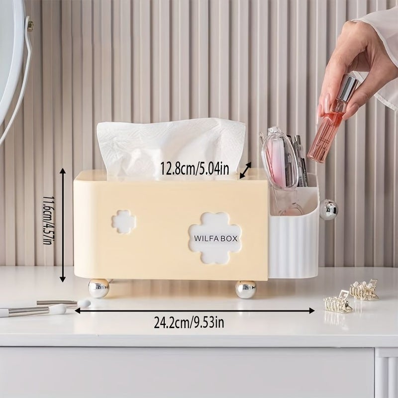 صندوق مناديل كريمي أصفر ثنائي الوظيفة مع أقسام تخزين بتصميم نوابض - Image 1