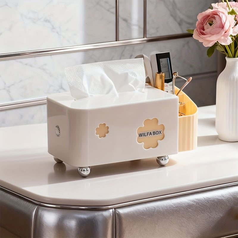 صندوق مناديل كريمي أصفر ثنائي الوظيفة مع أقسام تخزين بتصميم نوابض - Image 2