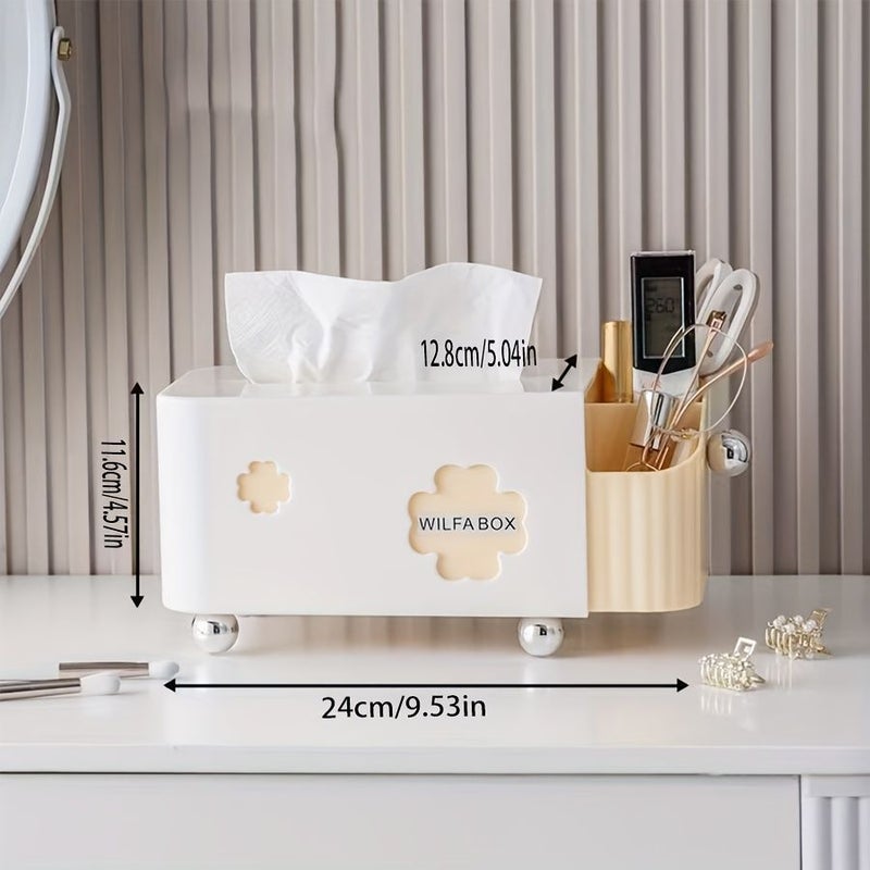 صندوق مناديل كريمي أصفر ثنائي الوظيفة مع أقسام تخزين بتصميم نوابض - Image 4