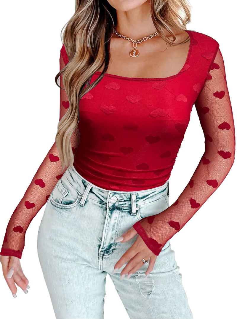 AGECODE Women's Square Neck Hearts Printed Mesh Long Sleeve Bodysuit Shirts Ruched Body Suit Leotard Tops Red Large - Image 3