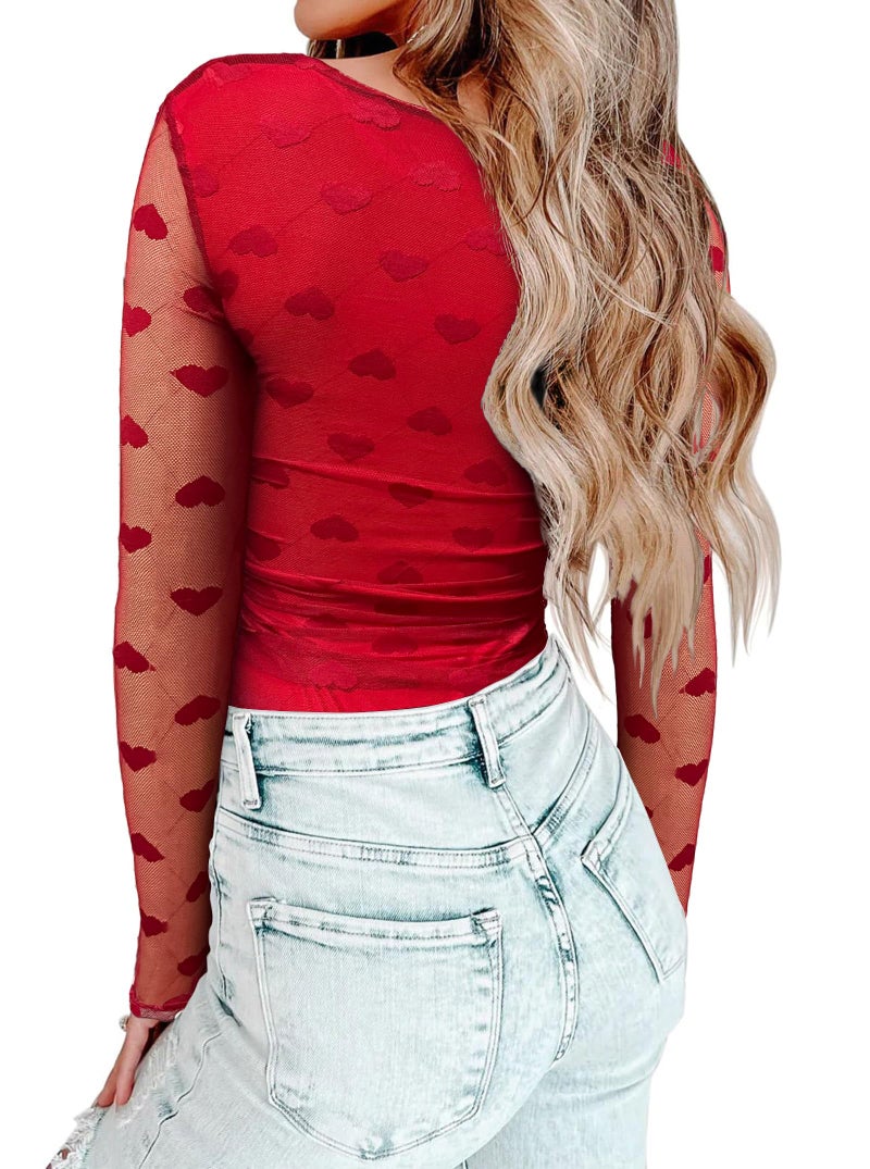 AGECODE Women's Square Neck Hearts Printed Mesh Long Sleeve Bodysuit Shirts Ruched Body Suit Leotard Tops Red Large - Image 2