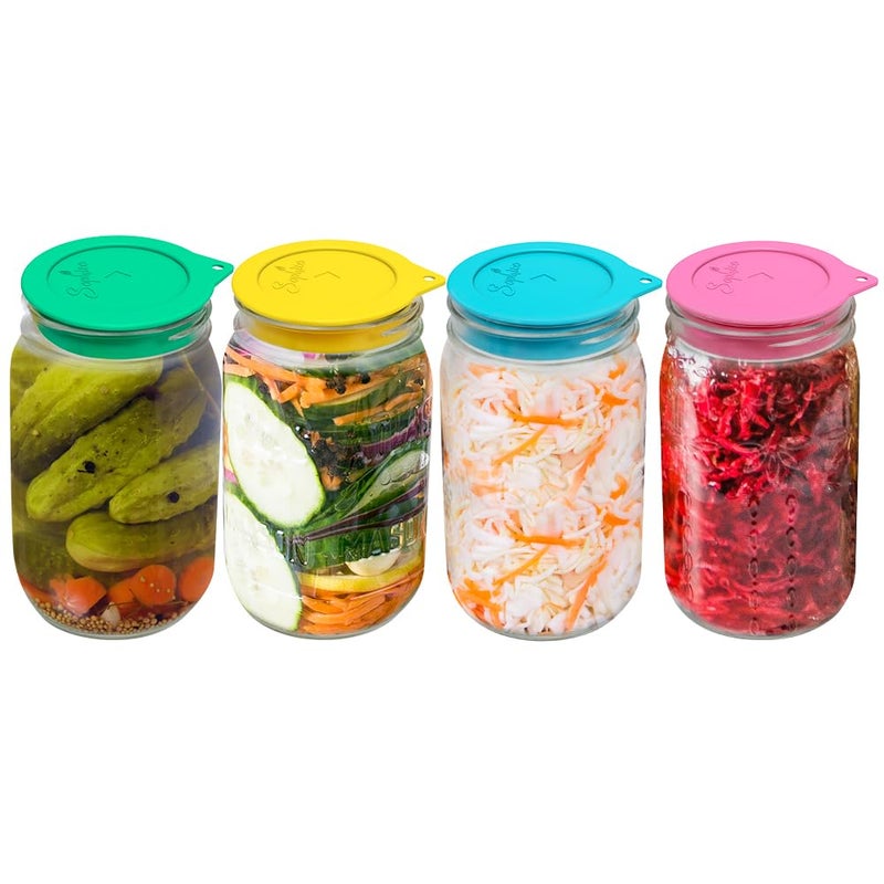 Sophico Silicone Fermenting Lids Waterless Airlock Fermentation Tops Mason Jar Lid Fermenter Caps for Pickles Kimchi and Fermented Probiotic Food 4 Pack Wide Mouth Jars Not Included