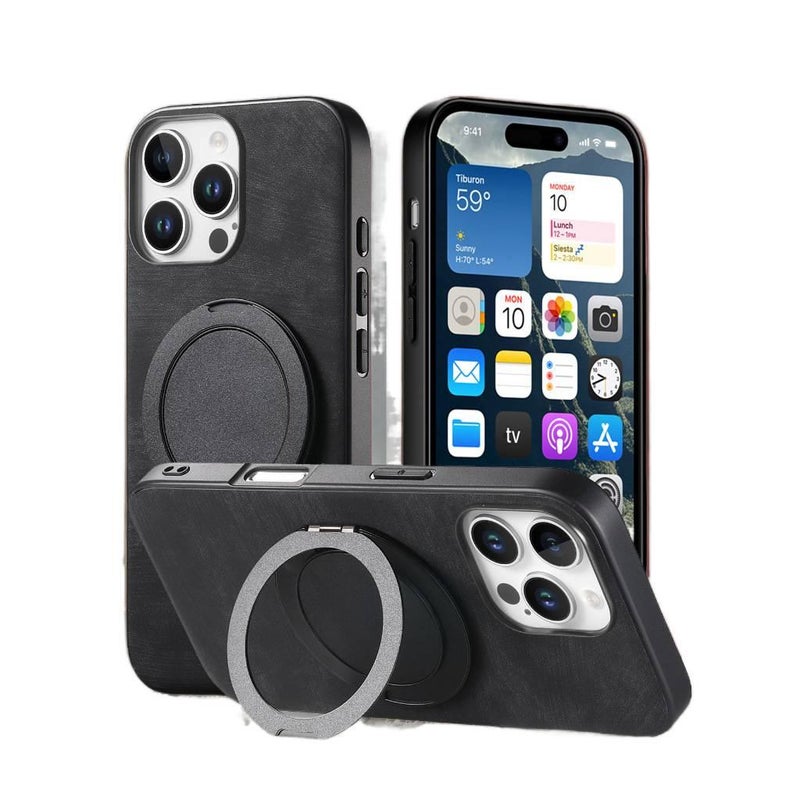 MS Leather Texture MagSafe Case for iPhone 17 / 17 Air / 17 Pro / 17 Pro Max with Rotating Magnetic Ring and 360° Kickstand plus Shockproof plus Anti-Fingerprint in Blue - Image 2