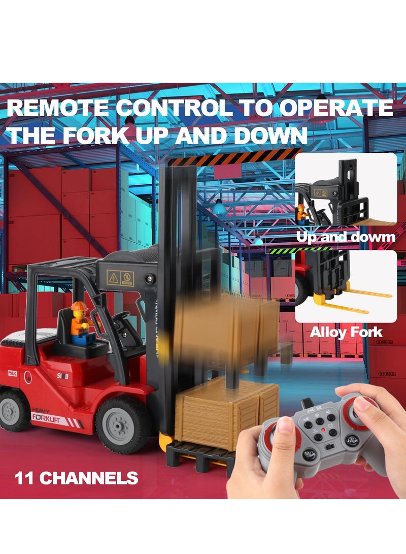 XiuWoo Remote Control Forklift Cranes 11 Channel 2 Mode RC Forklift Truck with Spray Sound and Lights Construction Toys 2.4Ghz 1:24 Scale Truck Toy for Toddler Kids for 3-7 Boys and Girls, Red - Image 5