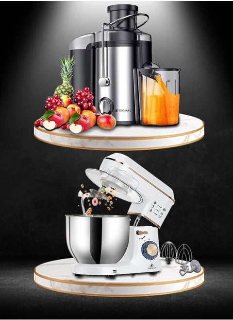 A set consisting of an electric fruit juicer with a power of 800 watts and a capacity of 600 ml and an electric mixer with a capacity of 7 liters and 1400 watts, equipped with a lid and LED lighting.