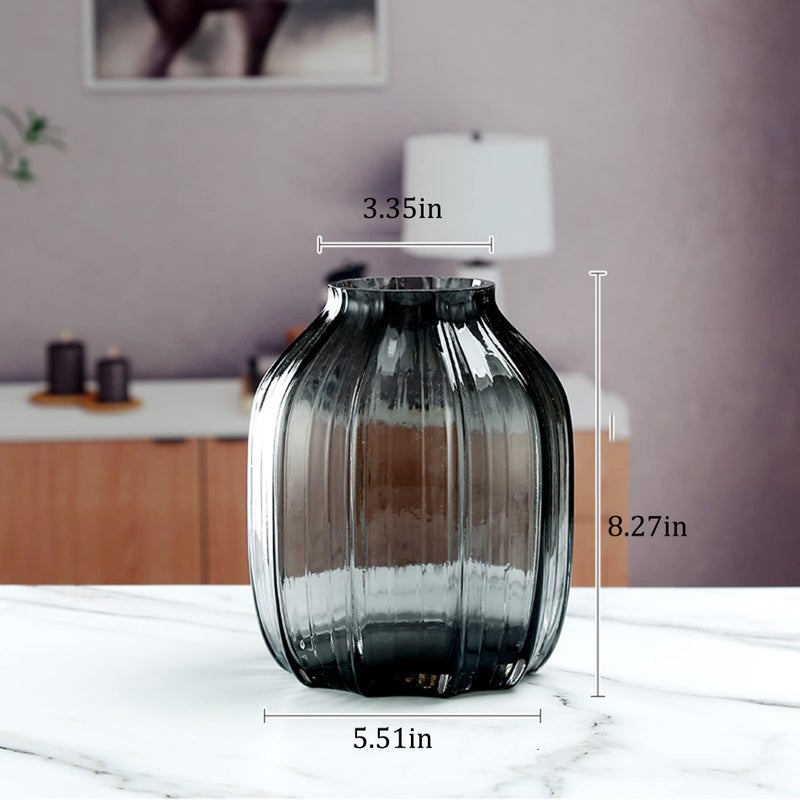 JAKY Global Black Grey Glass Vase for Flowers,Dark Grey Bud Tall Glass Vases,H-8.0" Simple Striped Design for Home Floor Decor,Farmhouse Decor, Centerpiece Coffee Table Decorations - Image 3