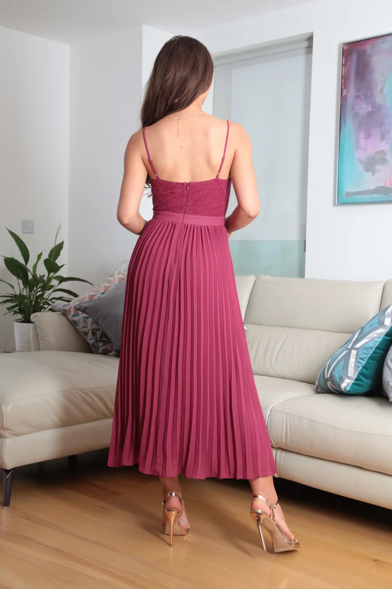 Double Second burgundy Strappy Pleated Lace Dress for Women | Best Price UAE