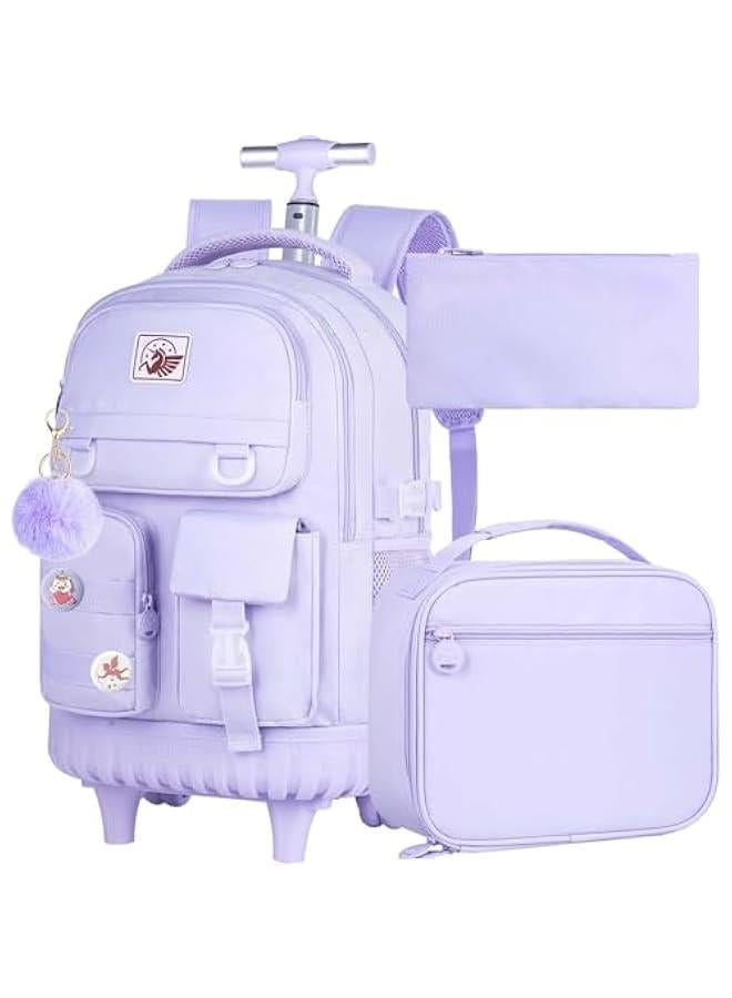 Arabest Rolling Backpack for Girls, 21 inch Water Resistant Roller School Bag with Wheels, Wheeled Backpacks Set for Teen Women Elementary Travel - Purple - Image 1