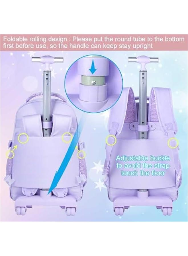 Arabest Rolling Backpack for Girls, 21 inch Water Resistant Roller School Bag with Wheels, Wheeled Backpacks Set for Teen Women Elementary Travel - Purple - Image 4