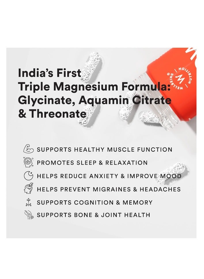 WELLBEING NUTRITION Triple Magnesium Complex 1000 mg Chelated Magnesium Glycinate, Citrate & Threonate| For Sleep, Cramps, Recovery, Nerve & Muscle Function, Clinically Proven, 60 Capsules - Image 2