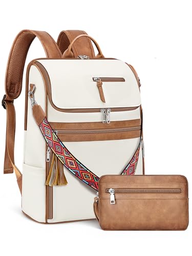 SYTRAH Leather Laptop Backpack for Women Designer Laptop Bag 165 inch Travel Computer Backpacks Purse with Tassel for Work Business with Satchel Purse Beige Brown - Image 1