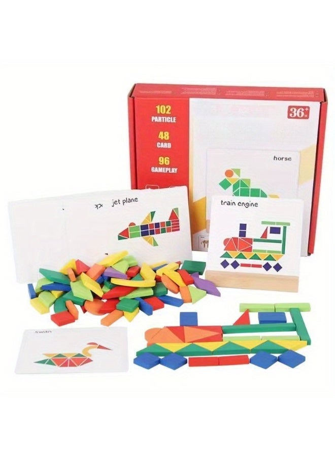 DIY Building Blocks with 3D Shape Puzzles, Early Learning Wooden Toys for Boys & Girls, Montessori Educational Toys, Train Engine & Jet Plane Theme, Fine Motor Skills Training, Logical Thinking Development, Safe & Eco-Friendly, 96 Gameplay Cards, Parent-Child Interaction, Perfect Gift for Birthdays & Holidays - Image 1