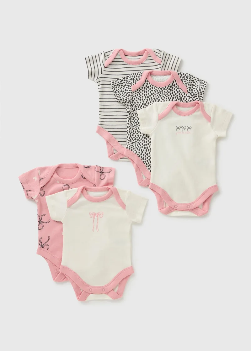 Matalan 5 Pack Baby Pink Bow Stripe Bodysuits