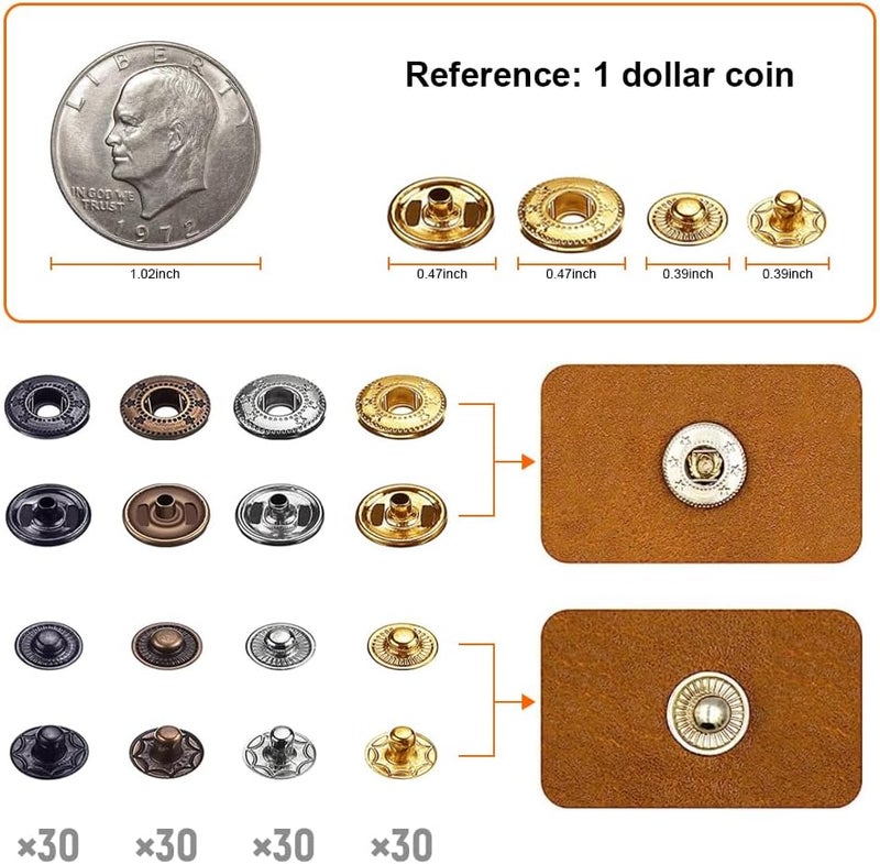 Qfun 120 Set Snap Fasteners Kit for Leather 12mm Metal Button Snaps Press Studs with 4 Setter Tools, 1 Hammer, 4 Color Leather Snaps for Clothes, Jackets, Jeans Wears, Bracelets, Bags - Image 2