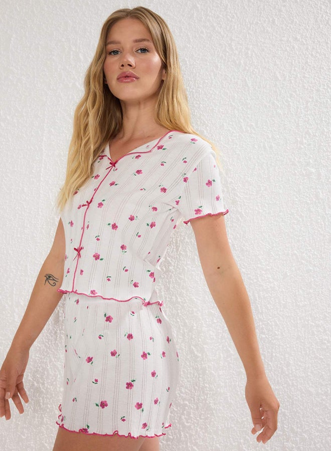 trendyol White-Pink % Cotton Floral Ribbon/Bow Knitted Pajama Set - Image 2
