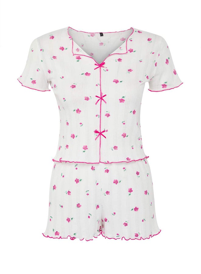 trendyol White-Pink % Cotton Floral Ribbon/Bow Knitted Pajama Set - Image 5