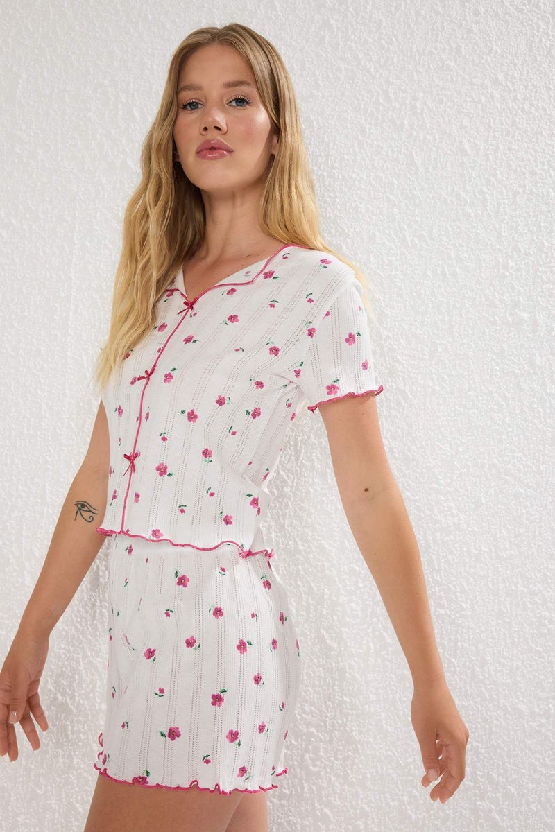 trendyol White-Pink % Cotton Floral Ribbon/Bow Knitted Pajama Set - Image 2