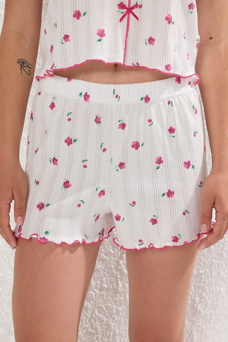 trendyol White-Pink % Cotton Floral Ribbon/Bow Knitted Pajama Set - Image 3