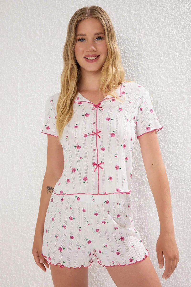 trendyol White-Pink % Cotton Floral Ribbon/Bow Knitted Pajama Set - Image 1