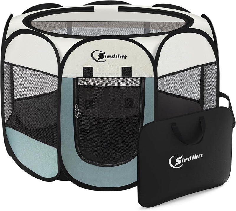 Siedihit Dog Playpen, Puppy Pet Playpen, Medium Dogs Tent Crates Cage Indoor/Outdoor, Portable Pop Up Dog Kennel Playpen with Carrying Case for Dogs/Cats/Rabbits, Removable Zipper Top, Grey - Image 1