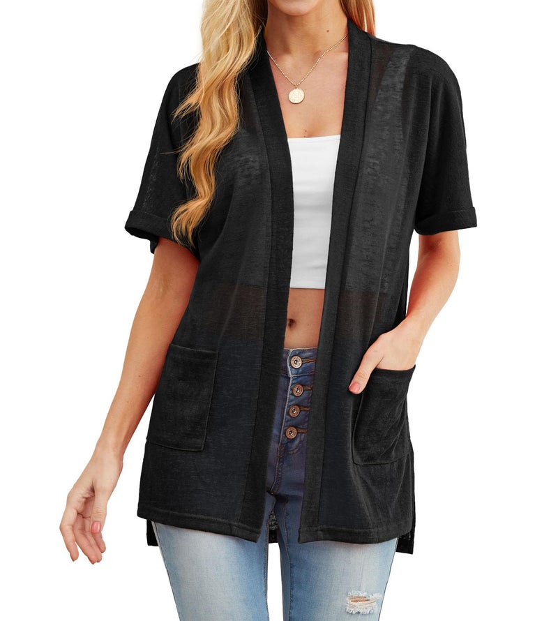 PrinStory Womens Short Sleeve Cardigan with Pockets Comfortable and Breathable Open Front Knit Cardigans for Summer 2026 Black XL - Image 5