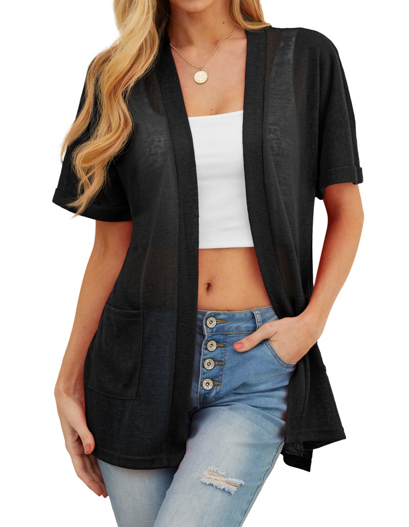 PrinStory Womens Short Sleeve Cardigan with Pockets Comfortable and Breathable Open Front Knit Cardigans for Summer 2026 Black XL - Image 2