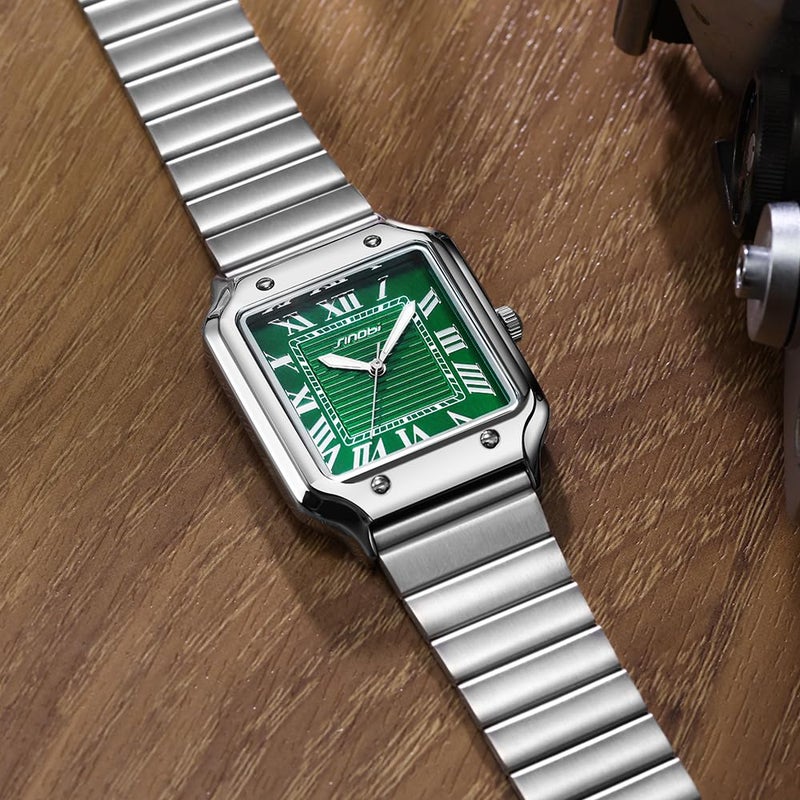 SINOBI Classic Square Watches for Men with Roman Numerals Casual Watch (Silver-Green) - Image 3