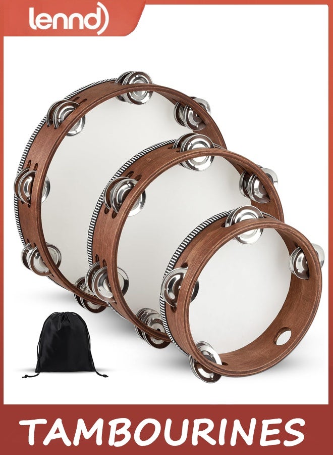 LENND 3 PCS Tambourines for Adults with Storage Bag, 15/20/25cm | Double Row Jingles for Layered Sound, Church, Worship, Dance, Music Practice - Image 1