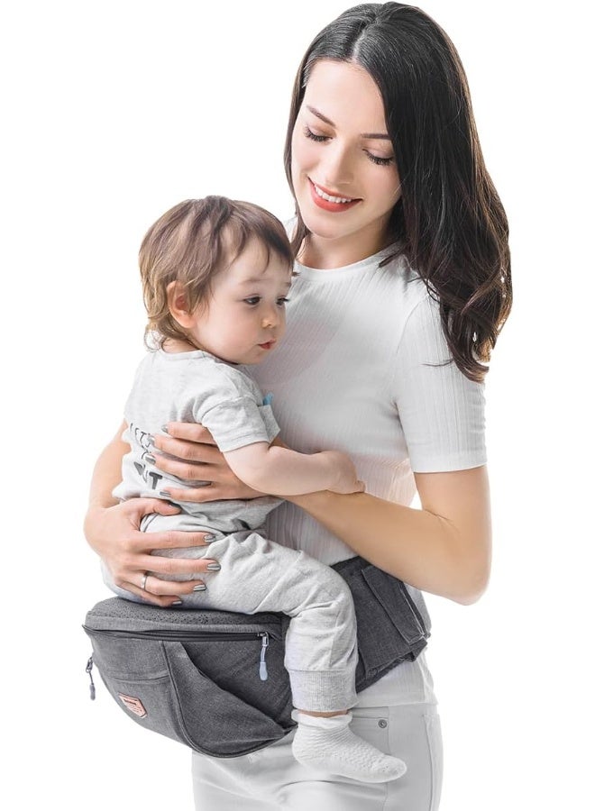 SUNVENO Baby Carrier, Ergonomic Baby Hip Seat Waist Stool CPC-Certified Infant Carrier, Adjustable Waistband & Various Pockets for Newborns, Infants, Babies, All Seasons Carrier, Grey - Image 1
