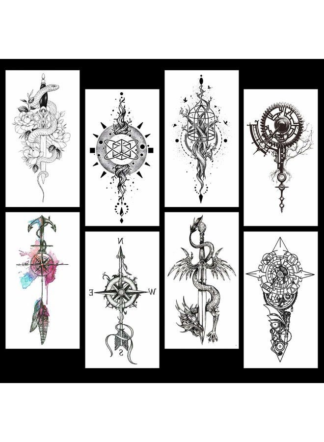Oottati 8 Sheets Black Arrow Compass Feather Dragon Anchor Sword Snake Tree Flower Temporary Tattoos for Arm - Image 2