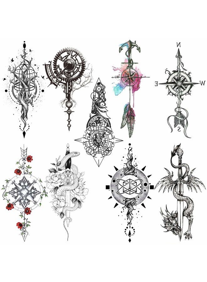 Oottati 8 Sheets Black Arrow Compass Feather Dragon Anchor Sword Snake Tree Flower Temporary Tattoos for Arm - Image 1