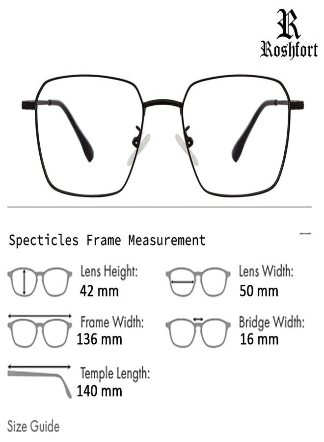 Roshfort Square Metal Frame Spectacles with Blue Light Blocking Lens, Black, UV Protection - Image 5
