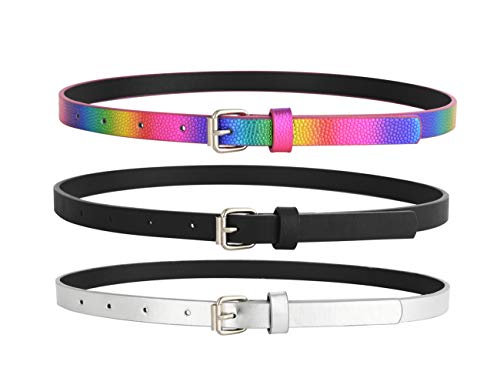 INSIGHTER Belts for Girls 3 Pack Teen Kids Belt Girls Fashion PU Leather Patent Belt Black/Silver/Rainbow A M - Image 1