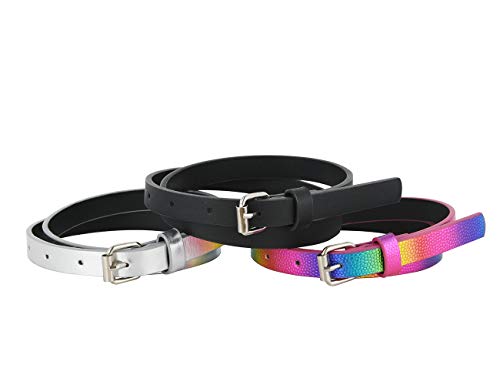 INSIGHTER Belts for Girls 3 Pack Teen Kids Belt Girls Fashion PU Leather Patent Belt Black/Silver/Rainbow A M - Image 2