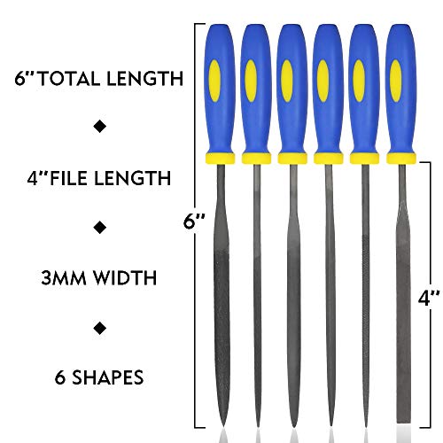 KALIM Mini Needle File Set (Carbon Steel 6 Piece-Set) Hardened Alloy Strength Steel - Set Includes Flat, Flat Warding, Square, Triangular, Round, and Half-Round File(6'' Total Length) - Image 2