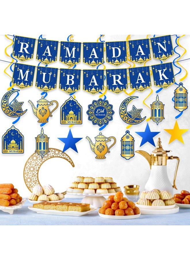 Labrostar 34Pcs Ramadan Decorations Pre-Assembled Mubarak Eid Kareem Muslim Banner Hanging Swirls Garland Decor Party Supplies Ramadan Decorations for Home - Image 3