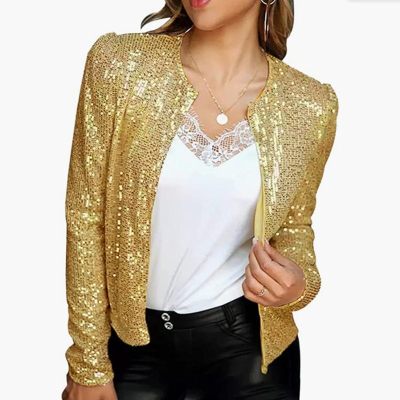 2024 Spring Womens Fashion Sequin Jacket Deep gold