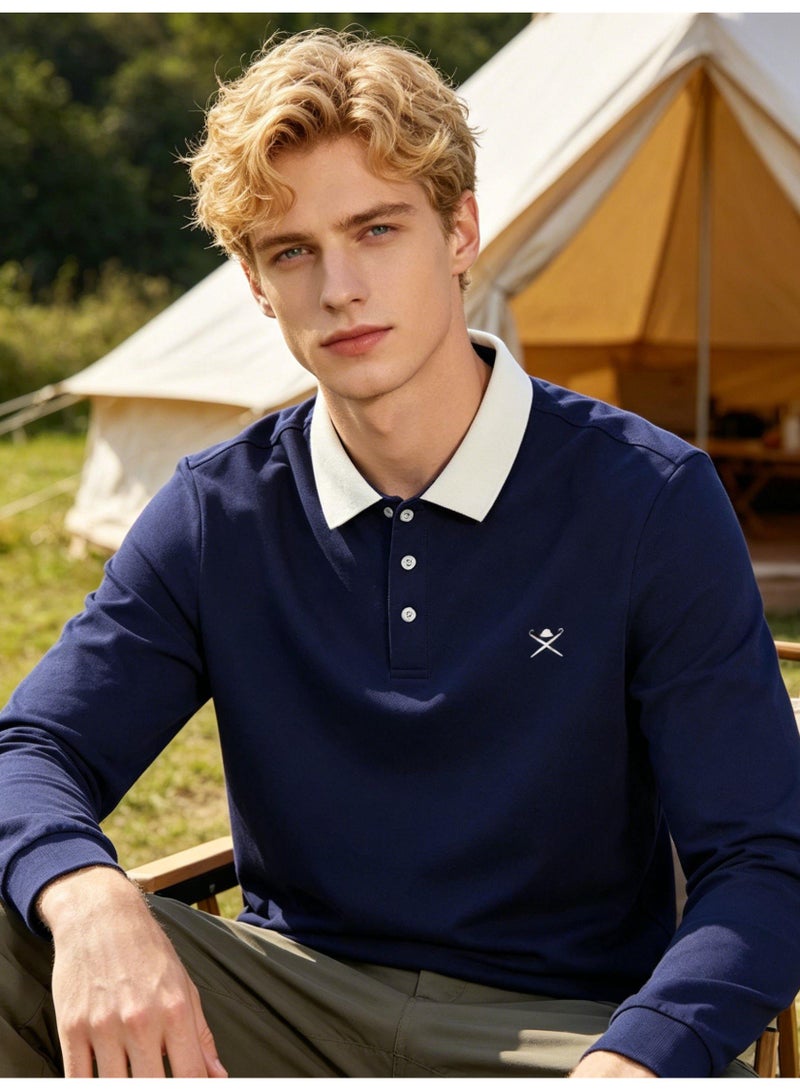 HACKETT LONDON Contrasting Lapel Long Sleeve Polo Shirt Men and Women Spring and Autumn Cotton Casual Bottom Shirt - Image 1